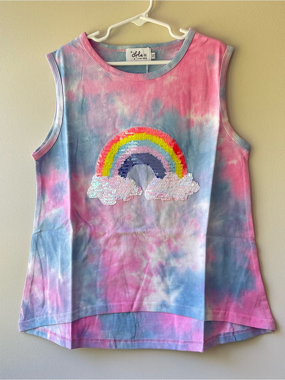 Lola + The Boys Pink and Blue Tie-Dye Tank with Sequin Rainbow